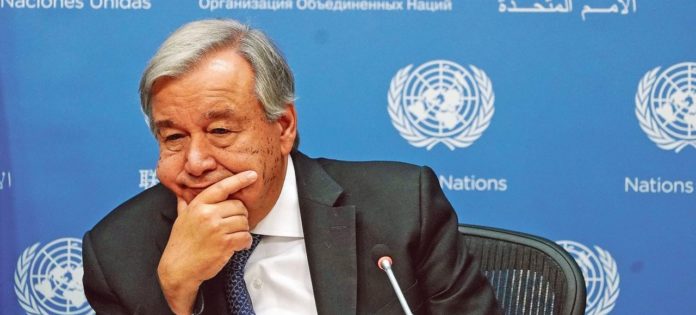 Secretary-General of the United Nations Antonio Guterres speaks to the press at United Nations headquarters in the Manhattan borough of New York
